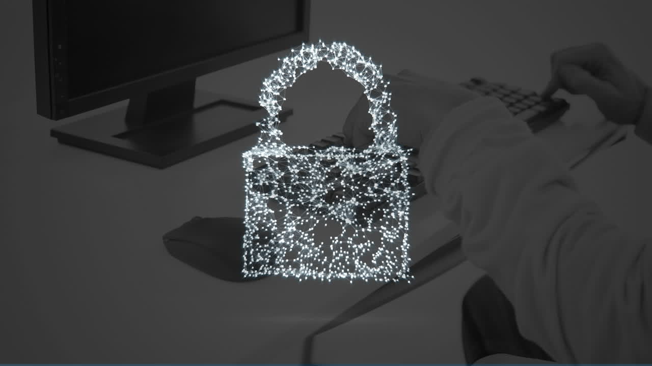 사무실의 컴퓨터 위에 있는 디지털  ⁇ 락의 애니메이션