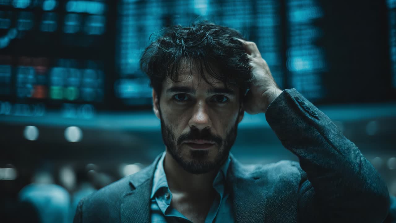 A Pensive Man in a Corporate Environment Reflecting on Financial Trends Amidst Digital Displays of Market Data in a Darkened Room