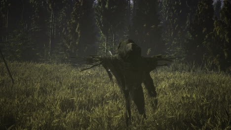 mysterious figure carrying branches in a dense forest during twilight hours
