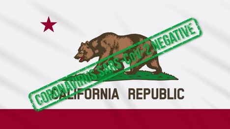 california us state swaying flag with green stamp of freedom from coronavirus, loop