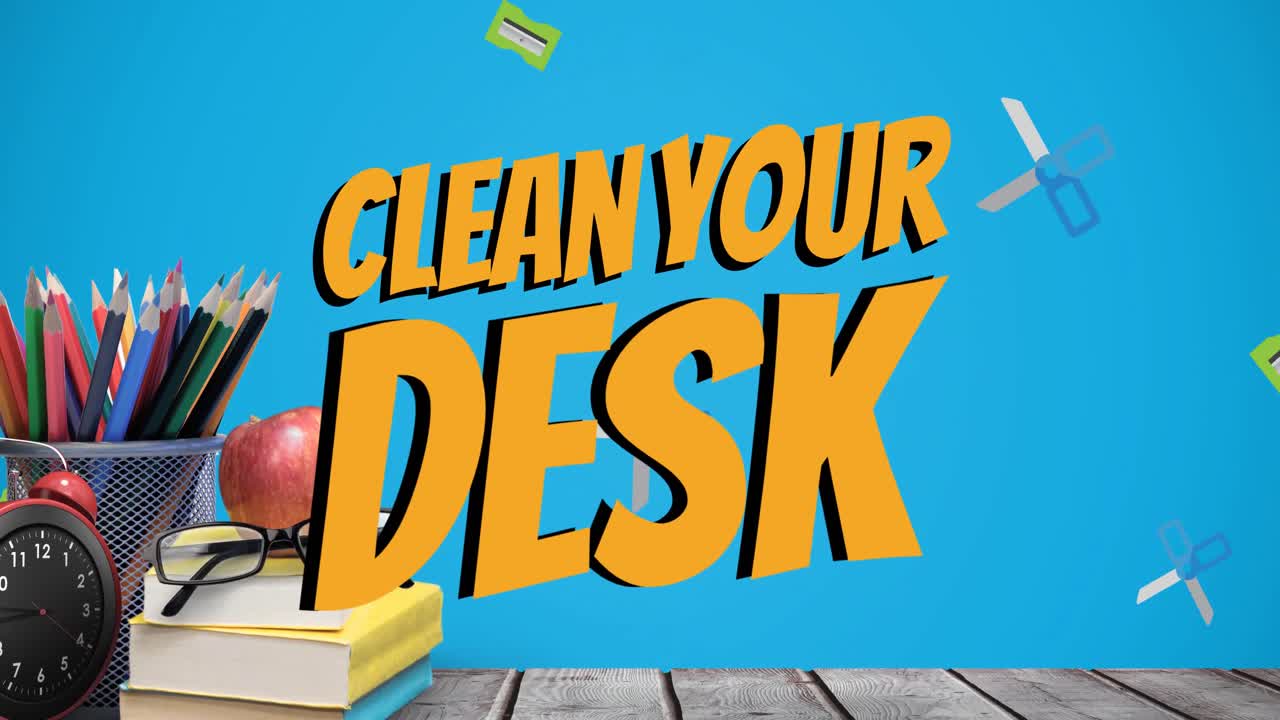 Animation of clean your desk text over books and office items over blue background