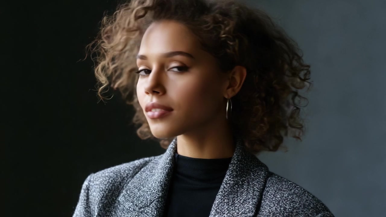 A Portrait of Elegance: Captivating Close-Up Frames Showcasing a Young Woman with Curly Hair and Stylish Outfit, Expressing Confidence and Grace in Soft Light