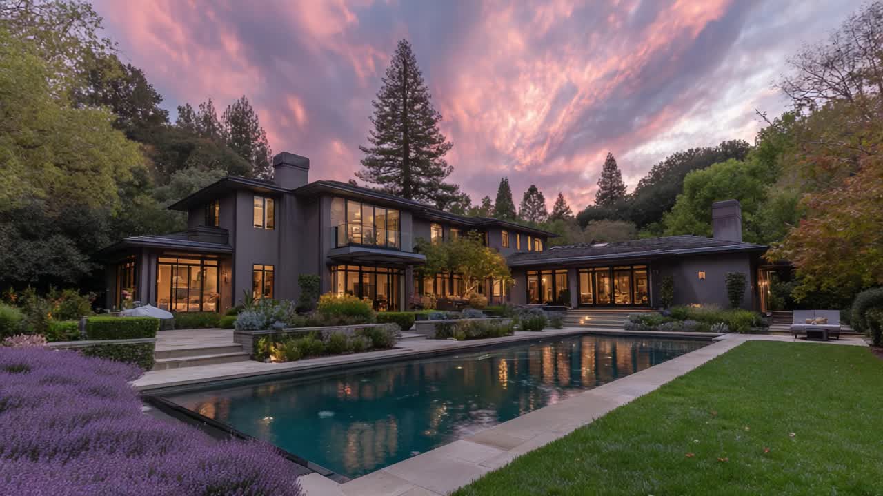 Stunning Twilight Views of a Luxe Modern Home Surrounded by Lush Gardens and a Pool, Capturing the Beauty of Nature and Architecture at Dusk