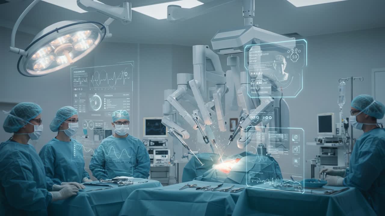 Advanced Robotic Surgery: A High-Tech Procedure Showcasing Precision and Innovation in the Operating Room with Surgeons and Robotic Assistants Engaged in Patient Care