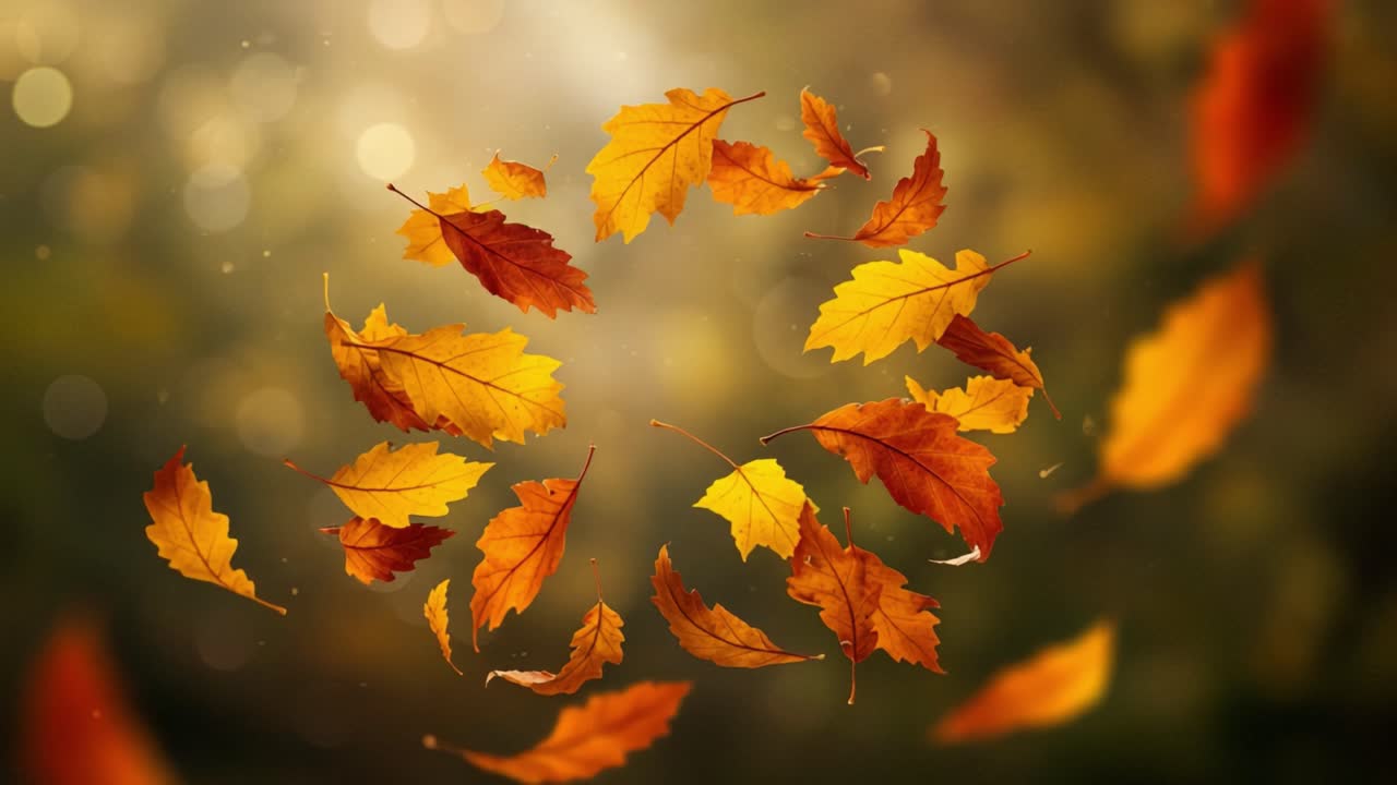 A Whirling Cascade of Vibrant Autumn Leaves Caught in Mid-Flight Against a Softly Glowing Natural Background, Capturing the Essence of Fall's Beauty in Motion