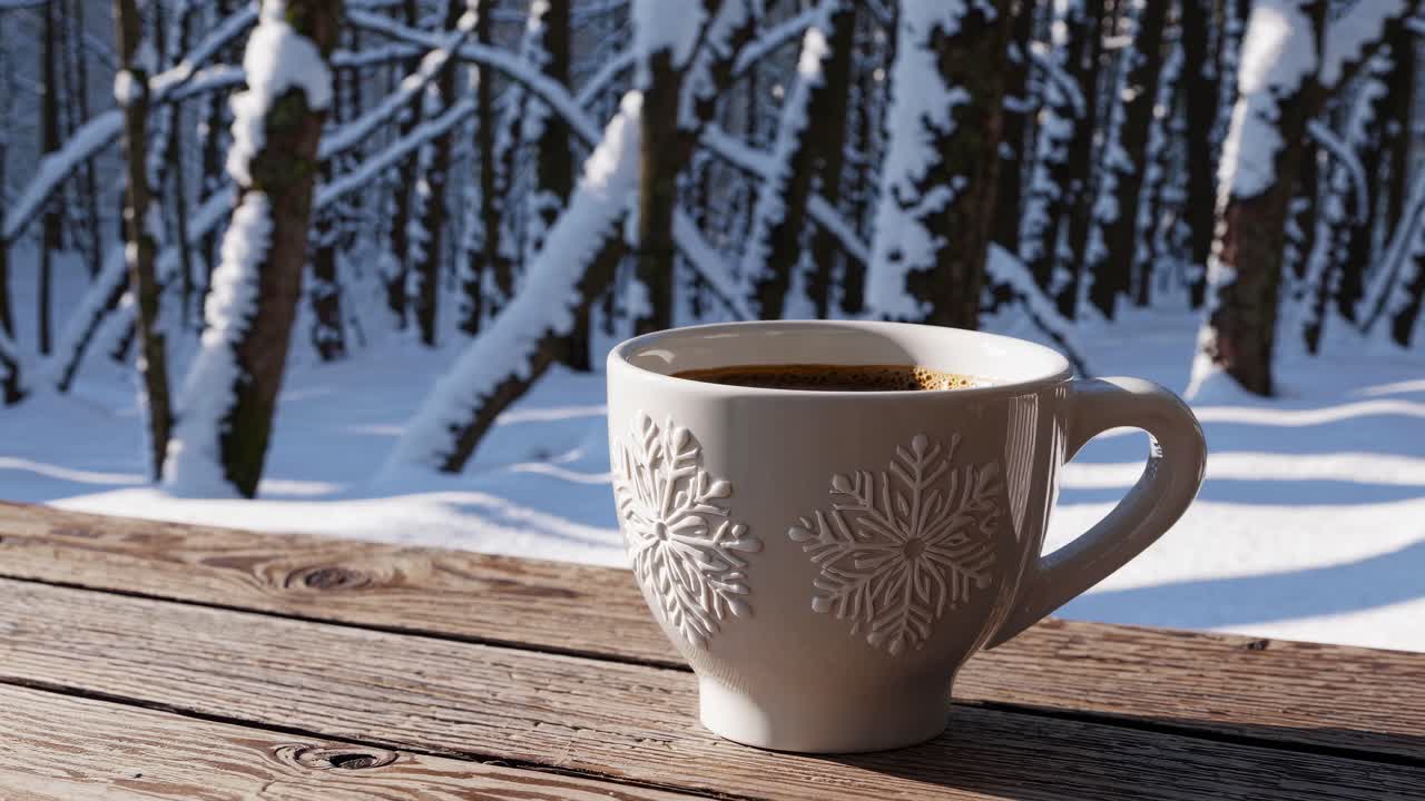 A cozy winter scene with a close-up of a coffee cup on a wooden table, snow-covered forest