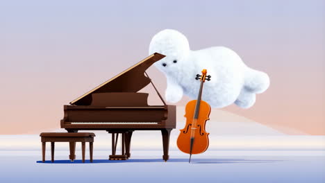 A fluffy white creature floats above a grand piano and cello