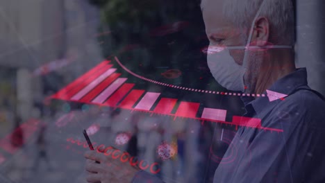 Animation of data processing over senior man wearing face mask