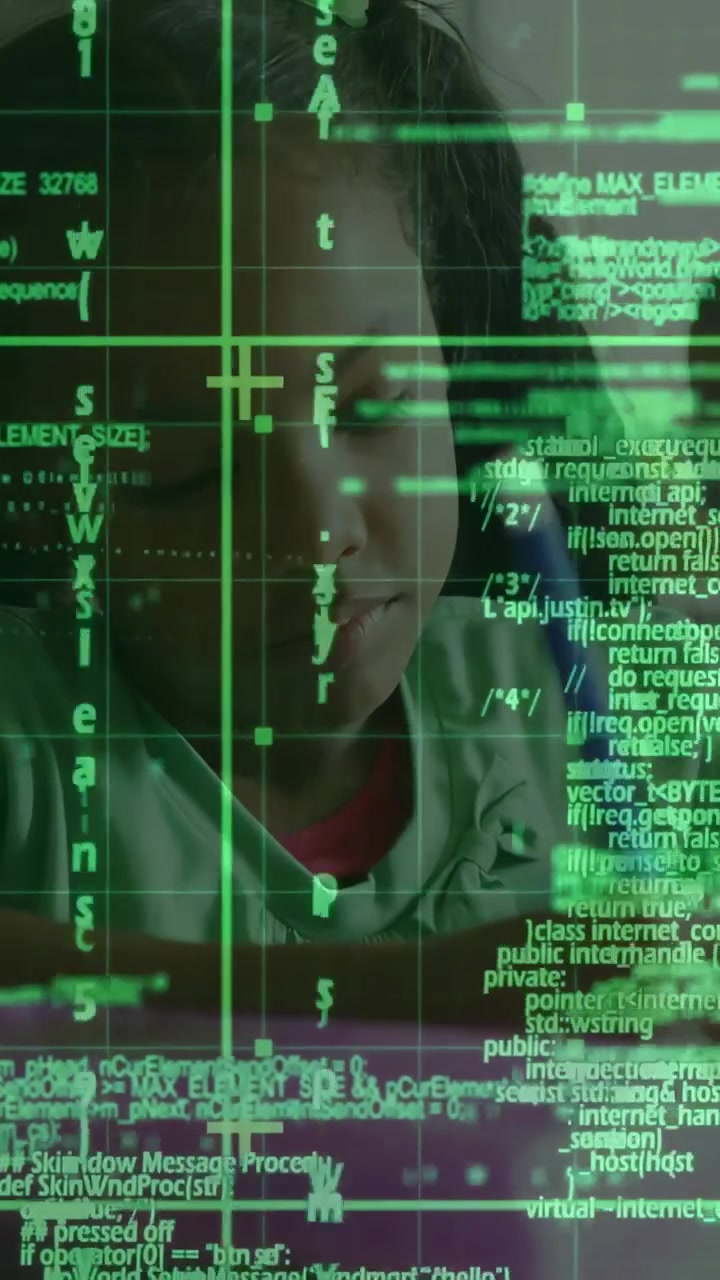 Video verticale: Un HUD verde compare, un bambino si china e tocca un tablet con uno stilo blu per scopi educativi.