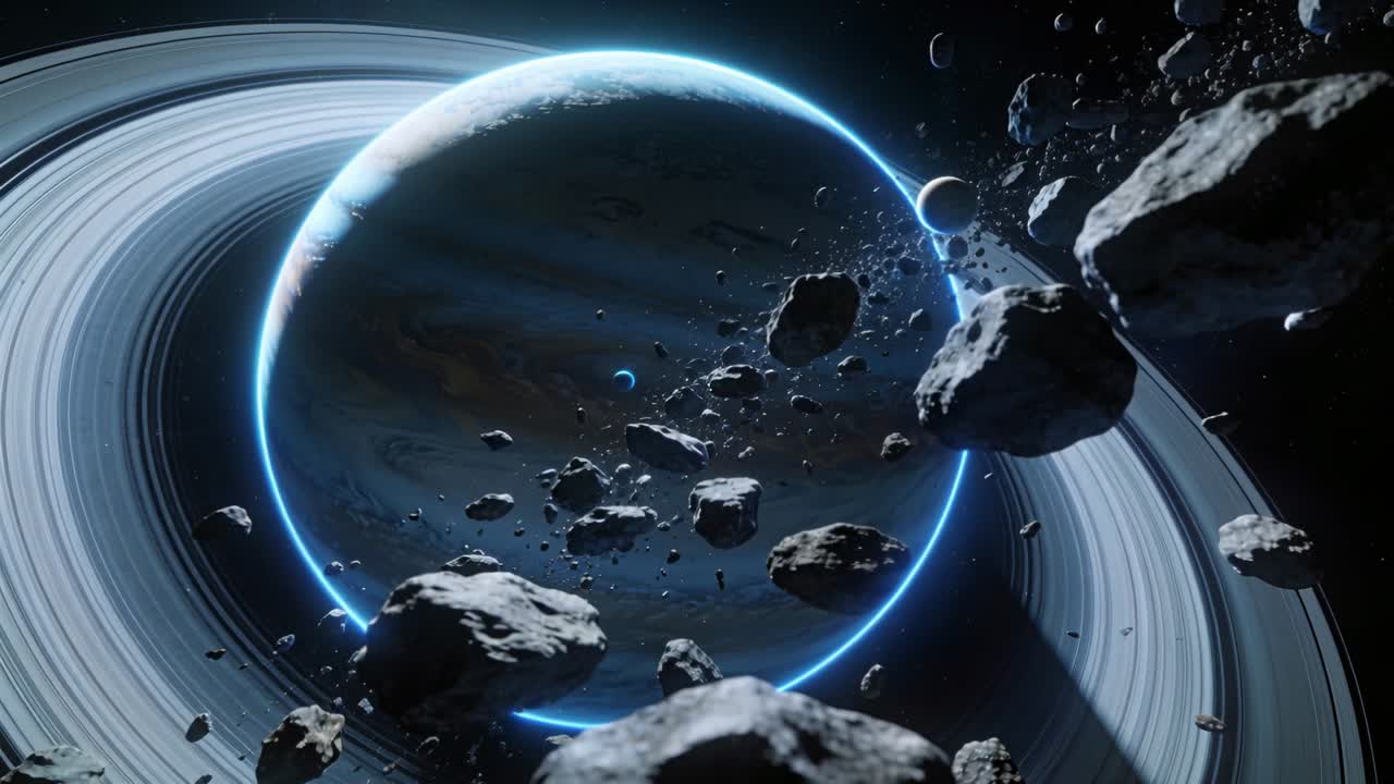 Telecamera scorrevole che si muove in avanti a destra sul piano degli anelli, mostrando un gigante gassoso con bordo blu e asteroidi in movimento.