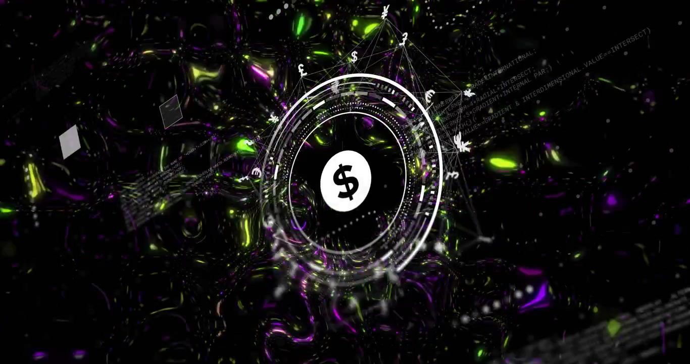 Pulso de startup resultando na formação de um anel HUD, disco de dólar surgindo, anéis girando, exibindo fluxo financeiro