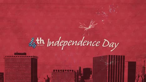 animation of fourth of july independence day text over fireworks and cityscape