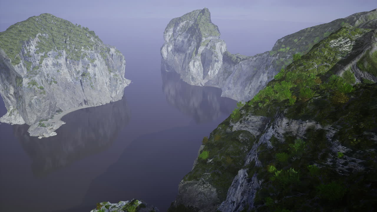 Majestic cliffs and tranquil waters at dawn in a serene landscape