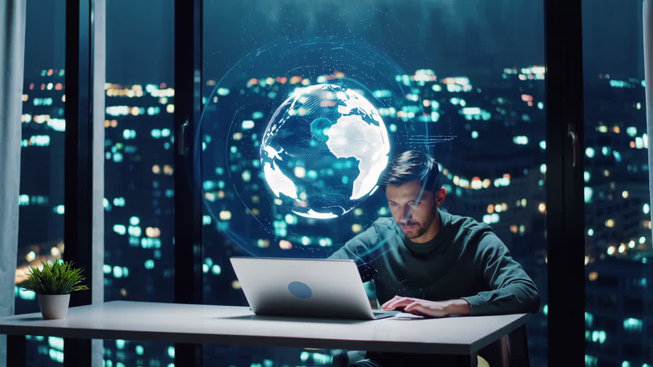 Man working on laptop at night with digital globe overlay
