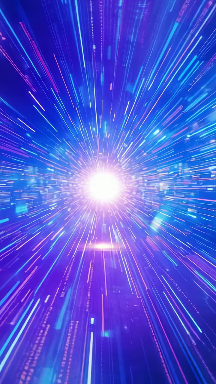 Vertical video: Brightening core launching neon streaks down digital tunnel, revealing data panels