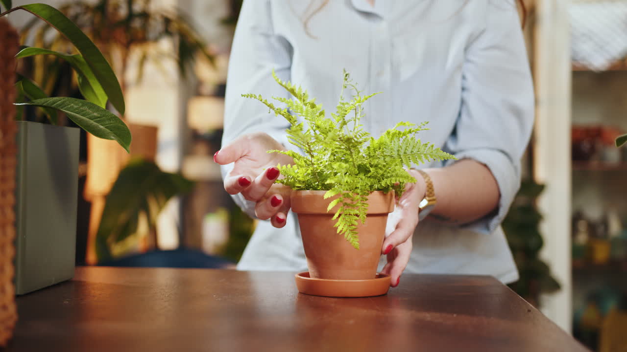 mujer cuidando una planta de helecho