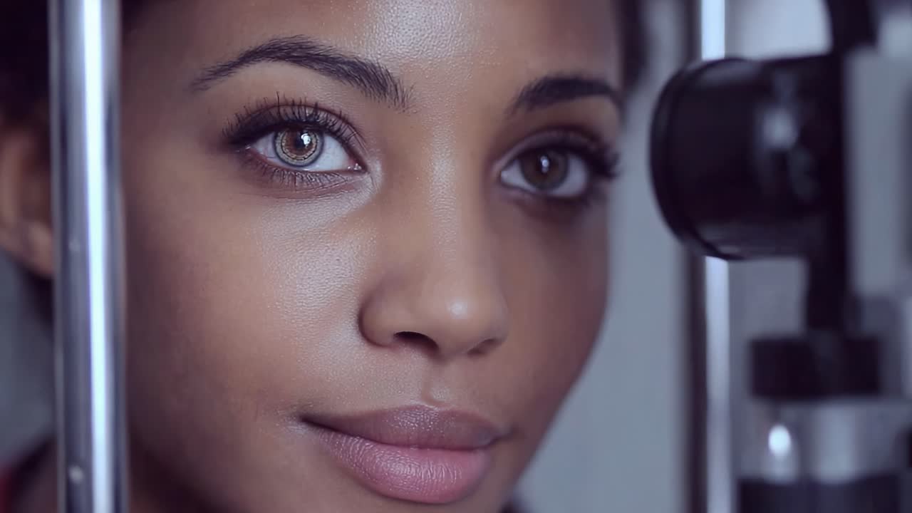 A close-up examination of a young woman's alluring gaze during an eye test, showcasing her striking features and the advanced optical equipment used for vision assessment