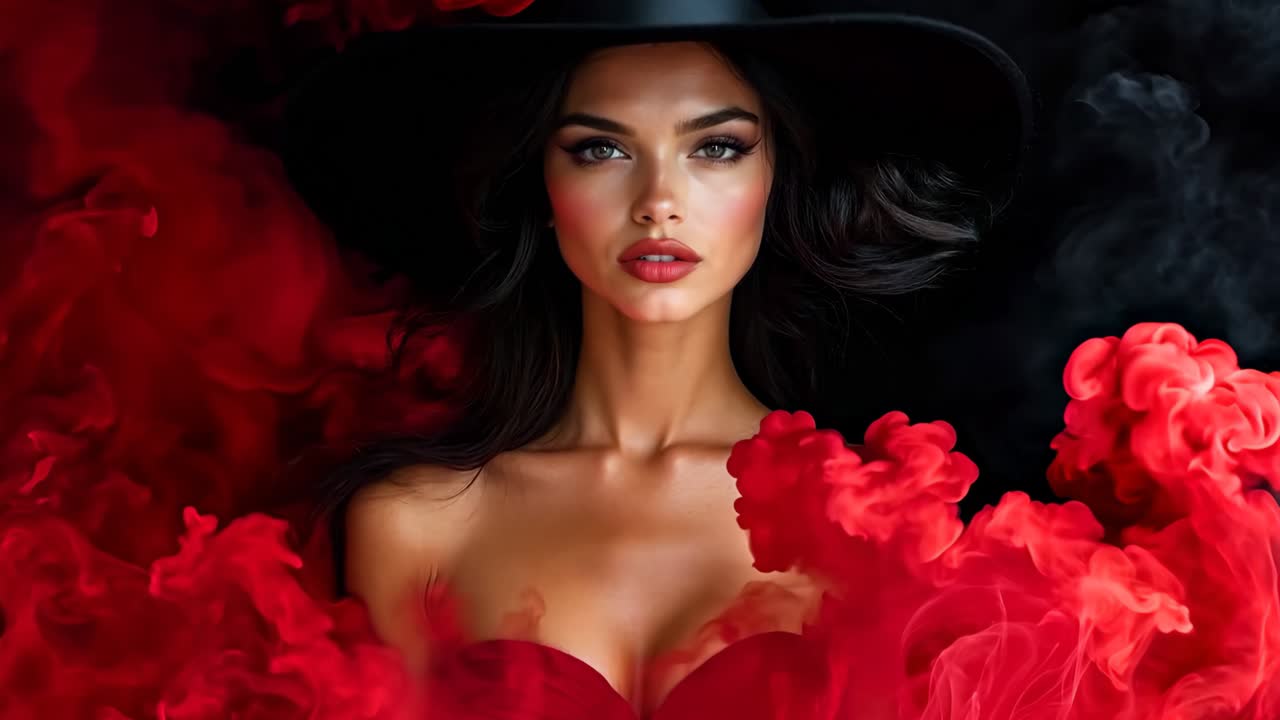 Una donna con un vestito rosso e un cappello nero
