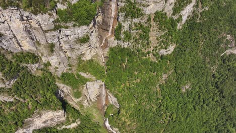 top-down aerial view of seerenbach falls in switzerland, where the waterfall cuts through steep rocky cliffs covered in green forest, capturing the vertical elegance of alpine wilderness