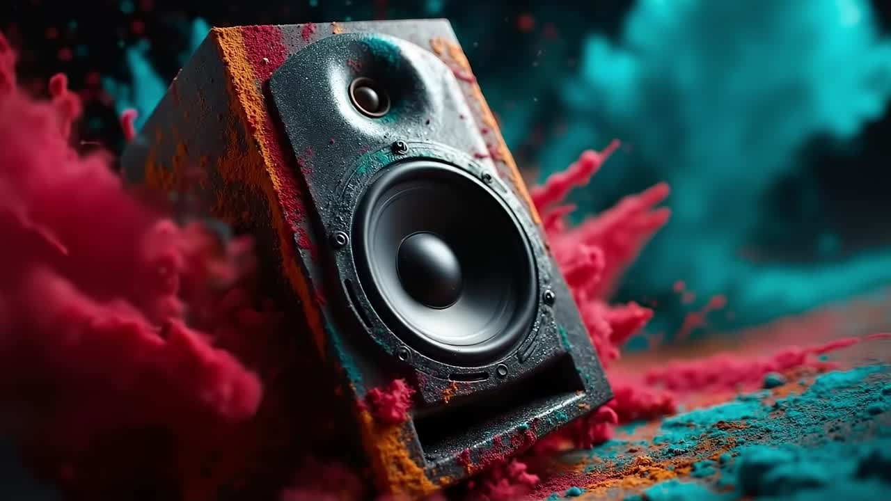 A pair of speakers sitting on top of a table covered in paint