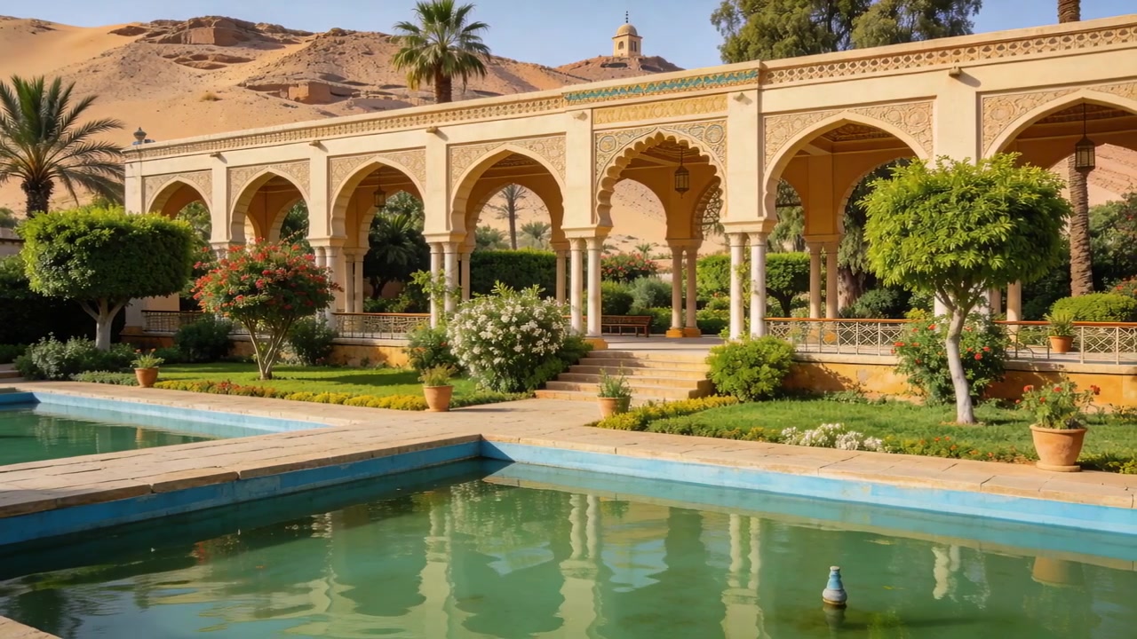 La telecamera riprende un colonnato ad arco e una vasca riflettente in un cortile, con l'ugello della fontana che genera increspature.
