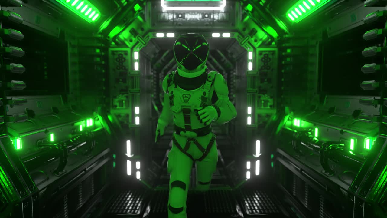 Astronauta corre attraverso un tunnel verso un altro compartimento del portale spaziale. Concetto di astronave e tecnologia. Animazione 4K in loop continuo.