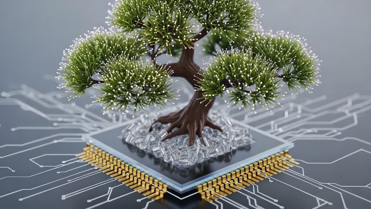 A Majestic Tree Grows from a Microchip, Representing the Fusion of Nature and Technology in a Stunning Visual Display of Organic and Digital Elements