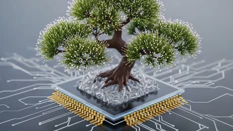 a majestic tree grows from a microchip, representing the fusion of nature and technology in a stunning visual display of organic and digital elements