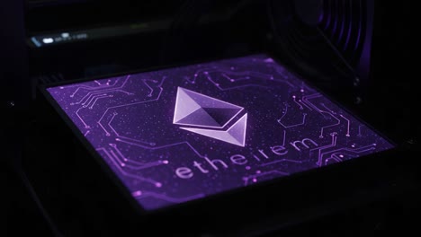 a close-up view of a digital ethereum logo illuminated against a high-tech background, showcasing the futuristic design and intricate circuit patterns in a dark setting