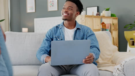 Black-couple,-laptop-and-streaming-service