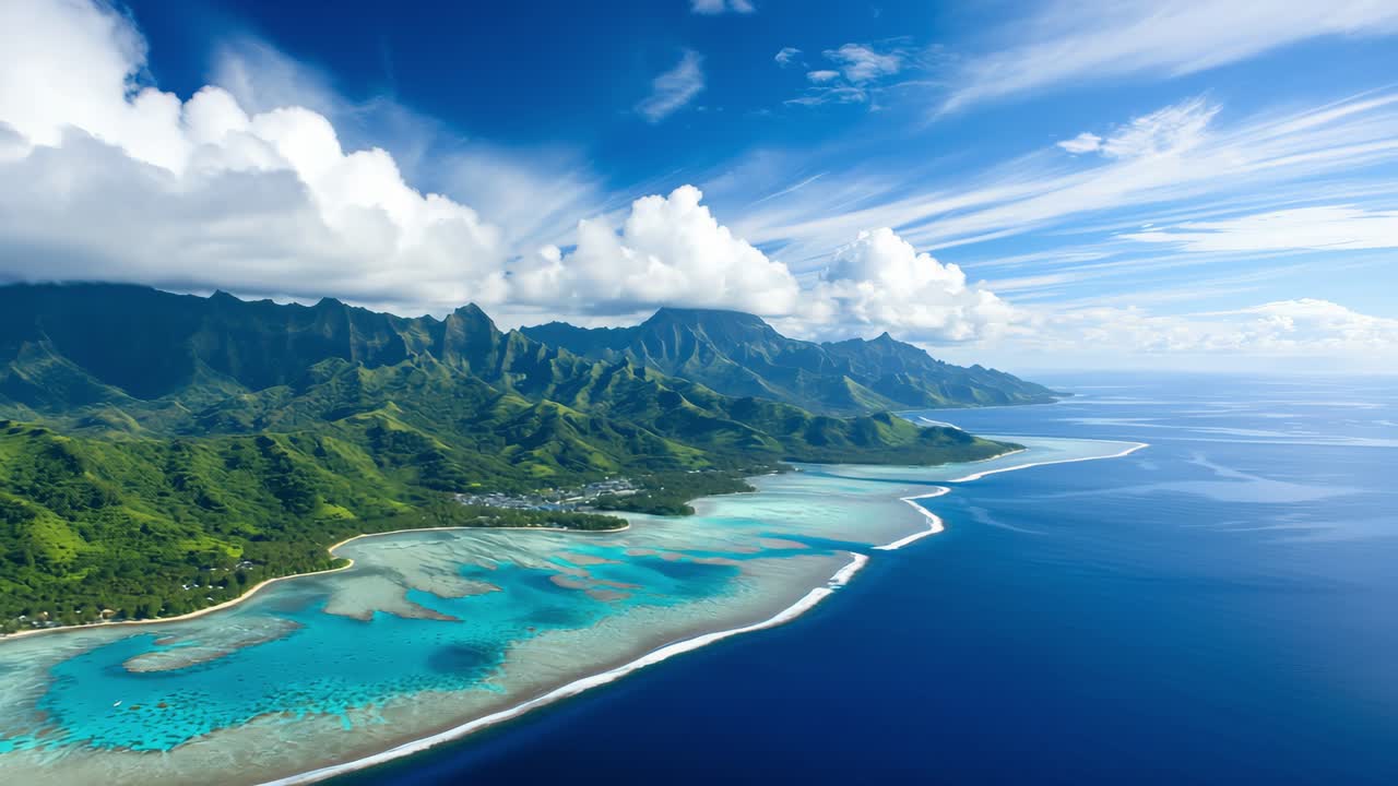 Moorea aerial panorama revealing vibrant turquoise lagoon, protective reef, lush tropical mountains bordering expansive Pacific waters under dramatic cloudy sky