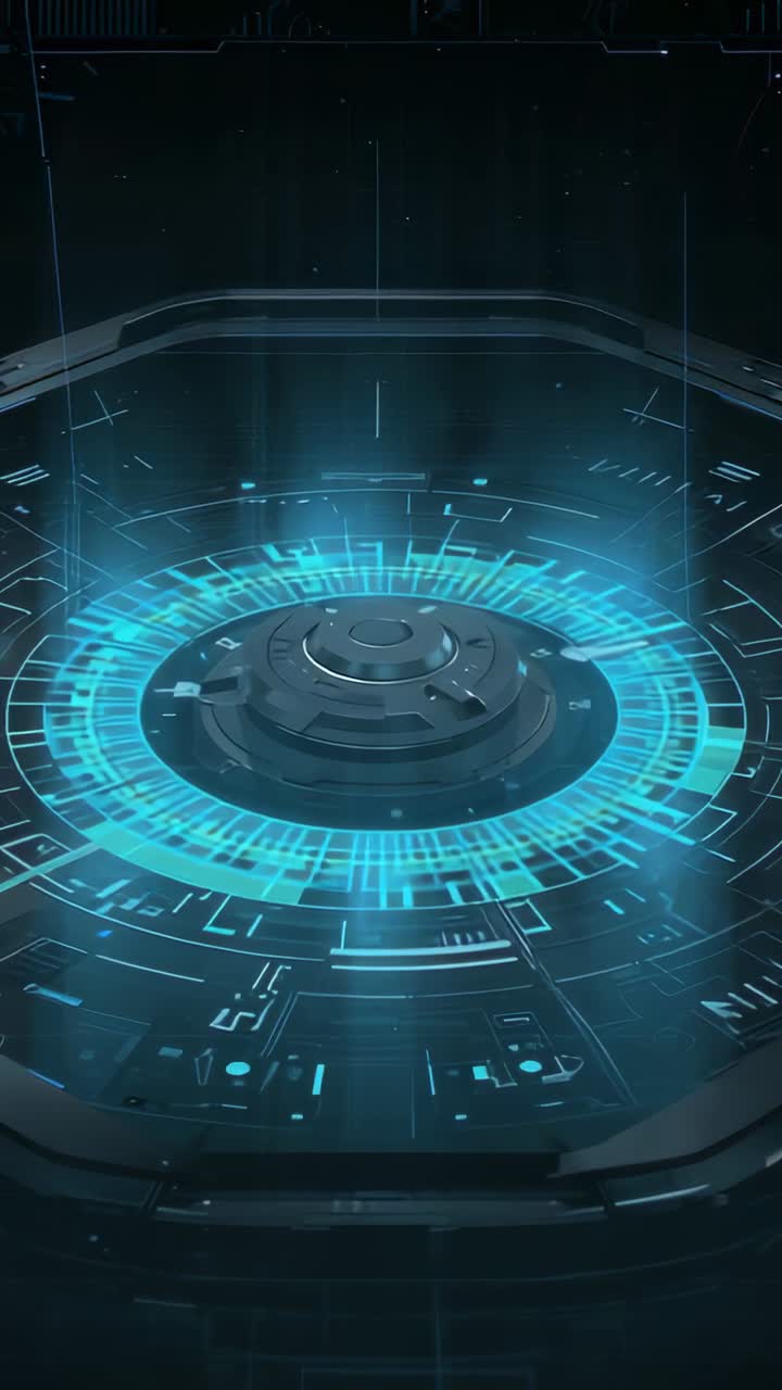 Video verticale: Piattaforma che si accende e proietta un anello e fasci olografici ciano nella baia di controllo per i test