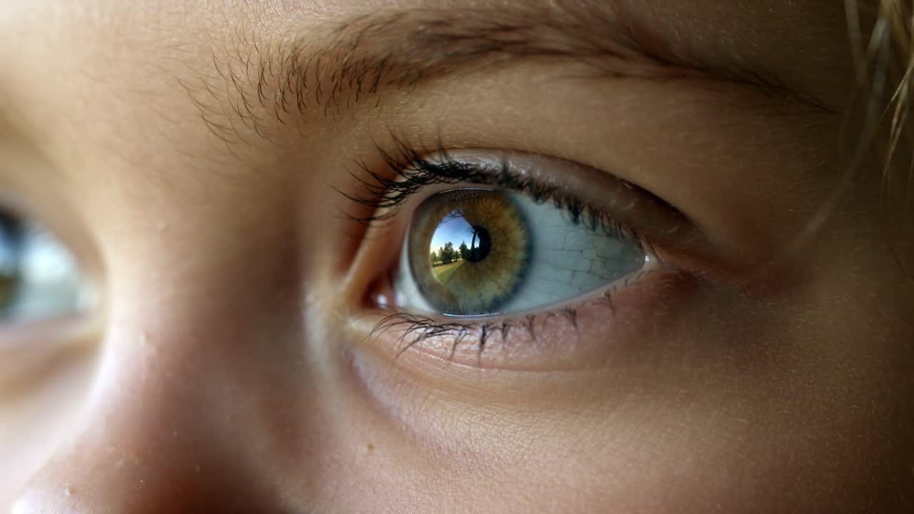Recording child's right eye watching trees through window, adjusting pupil, reflecting scene