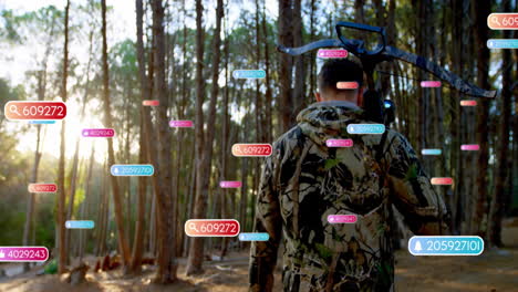 hunter carrying crossbow moving through pine forest, viewing floating ar technology icons