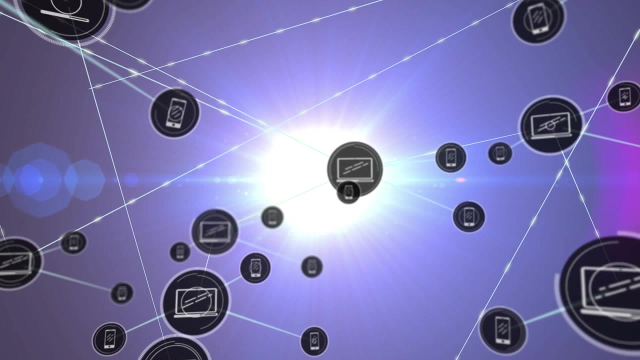 Animation of network of digital icons over light spot against purple background