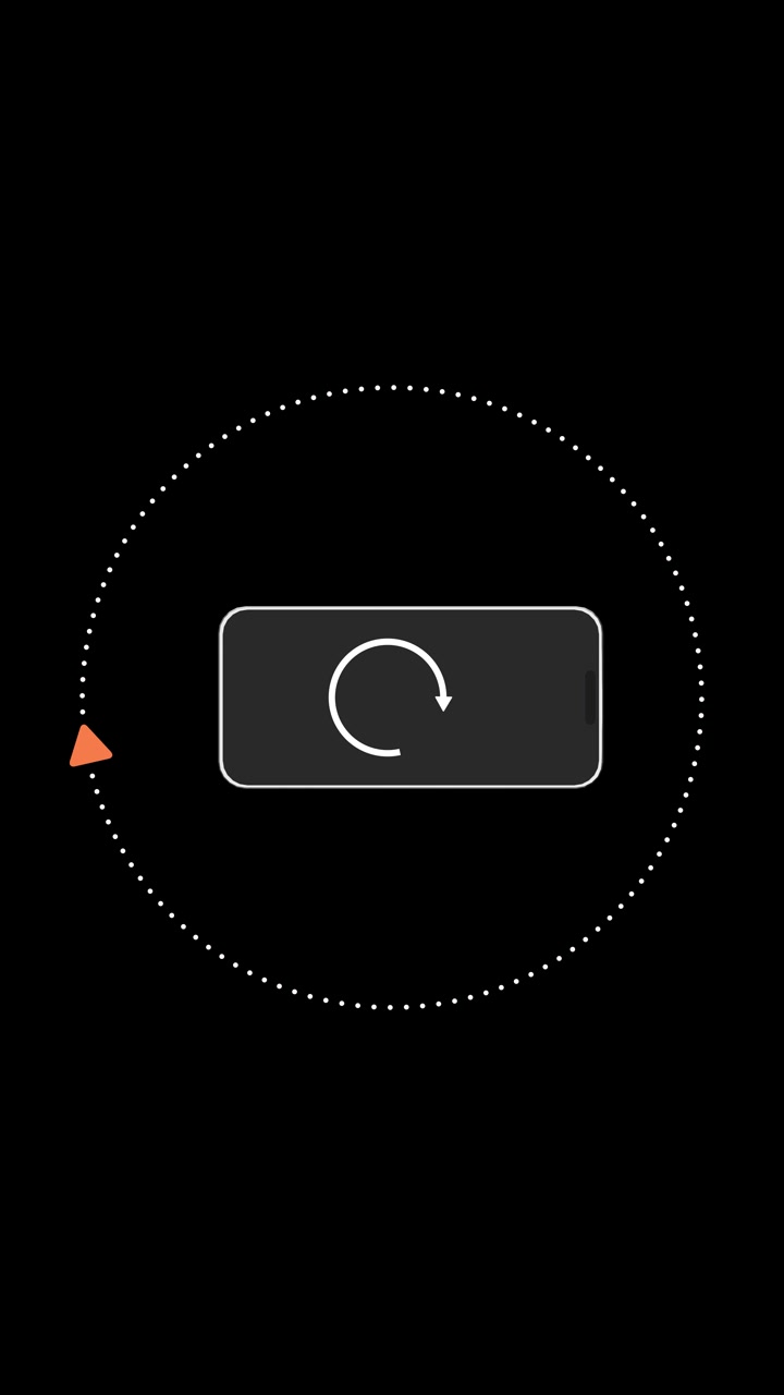 Grafica animata di rotazione orientamento mobile con cornice telefono bianca, guida circolare punteggiata e indicatore a freccia curva.