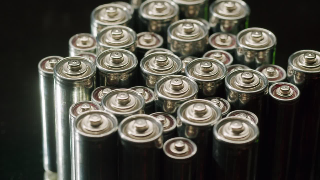 Silver batteries AA and AAA on black background close-up. Double-A battery is a standard size single cell cylindrical dry battery. Batteries are common in portable electronic devices. An AA battery is composed of a single electrochemical cell that may be either a primary battery or a rechargeable ba