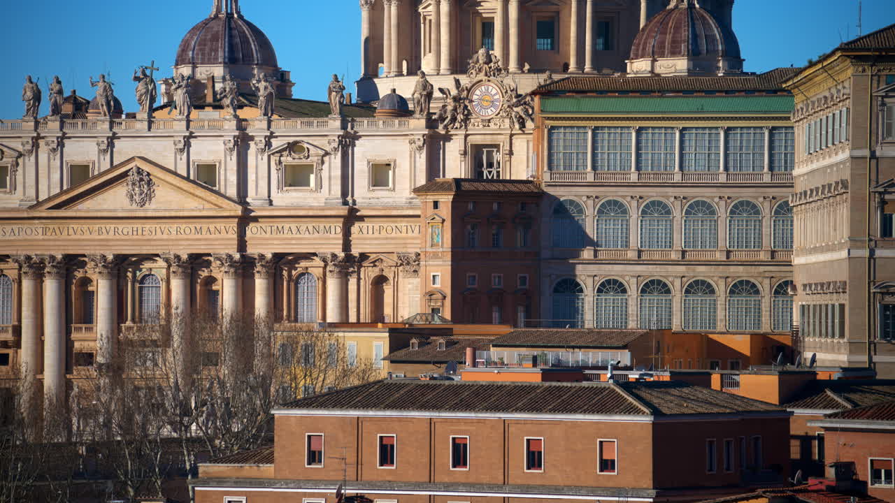 Aerial view of Vatican city from the distance. Saint Peter's Basilica at sunset. Rome, Italy