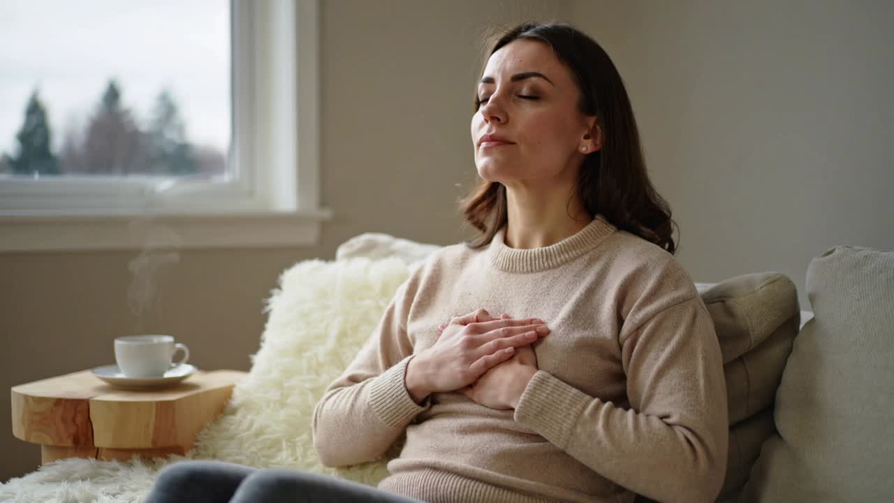 Mujer con un jersey beige practicando ejercicios de respiración para relajarse en casa con las manos sobre el pecho y una taza cerca