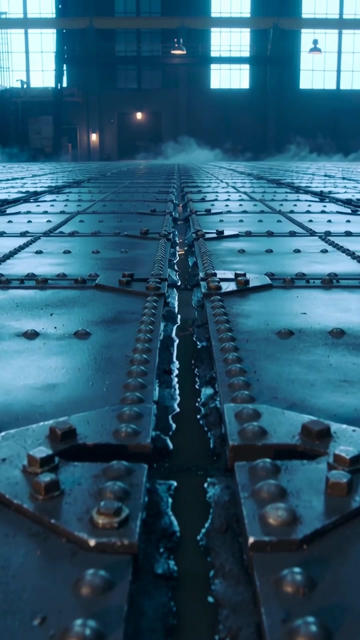 Video verticale: Punto di vista che si allontana, rivelando una giuntura centrale imbullonata sul pavimento dell'officina, liquido scuro.