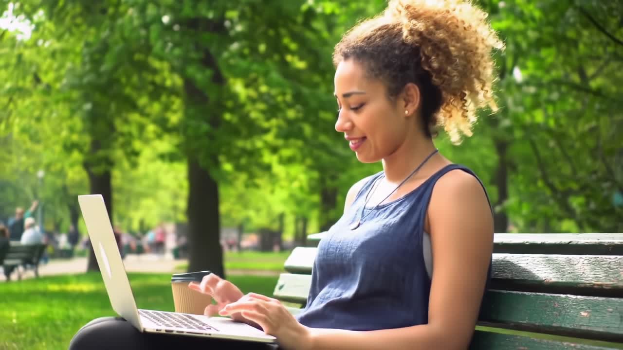 A Woman Enjoys Her Outdoor Workspace while Engaging with Technology in a Beautiful Green Park Setting, Combining Nature and Productivity with a Laptop and Coffee