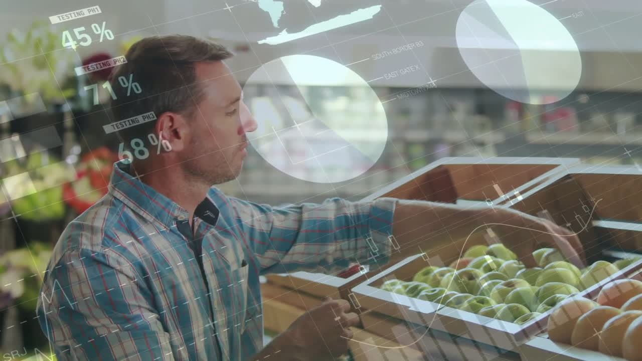 animación del procesamiento de datos financieros sobre las compras de hombres caucásicos