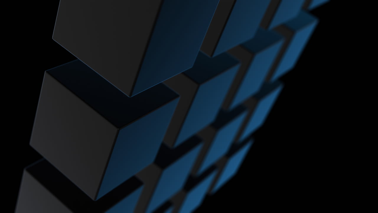 4x4 Black Cubes in Square Formation with Blue Tint Close Up Moving Rapidly and Randomly
