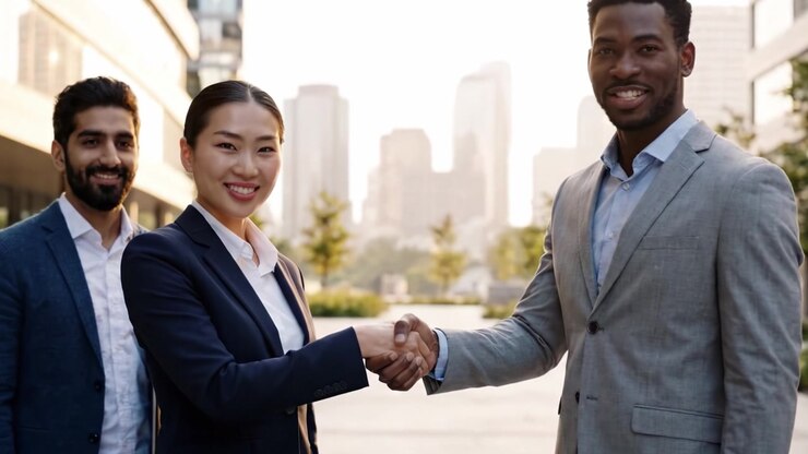A Professional Exchange Showcasing Collaboration and Success Amidst a Bright Urban Landscape with Business Professionals Engaging in a Handshake and Smiles