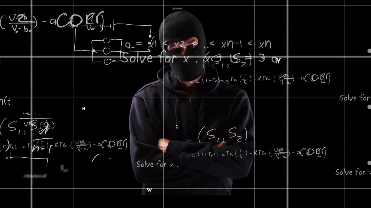 Animasjon av matematiske ligninger over hacker i finlandshette.