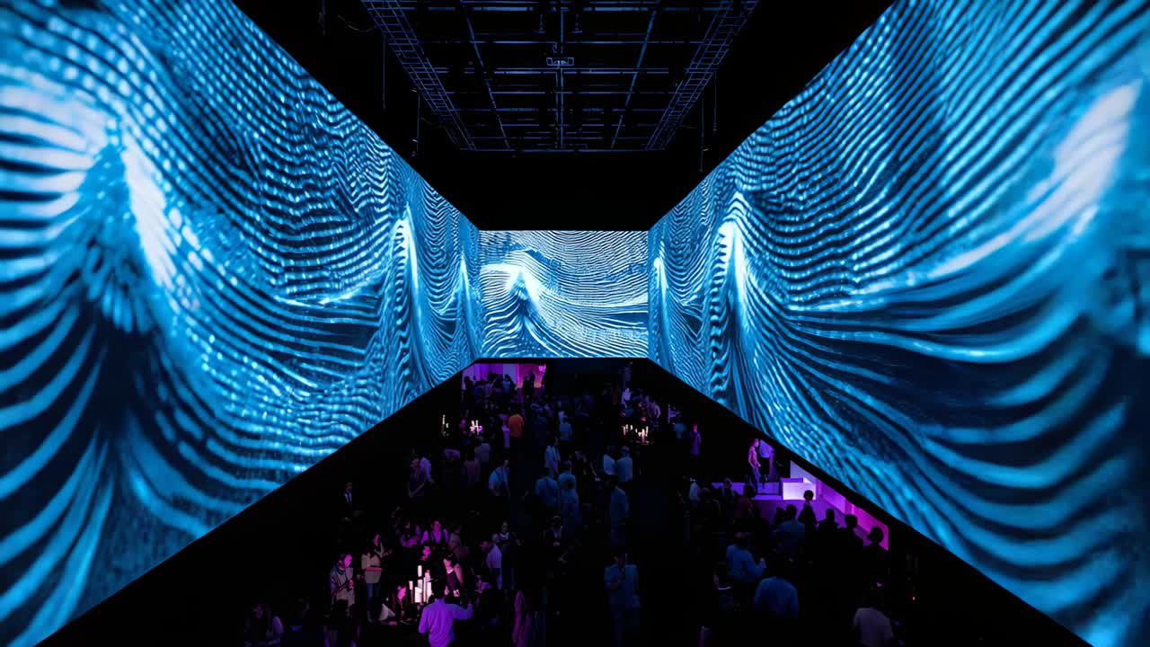 Truss activating, U-shaped projection pulsing blue waves across event hall, engaging attendees