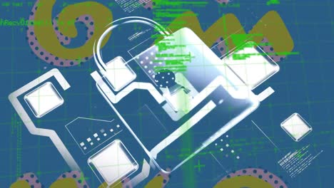 animación digital del icono de candado de seguridad contra formas abstractas y procesamiento de datos
