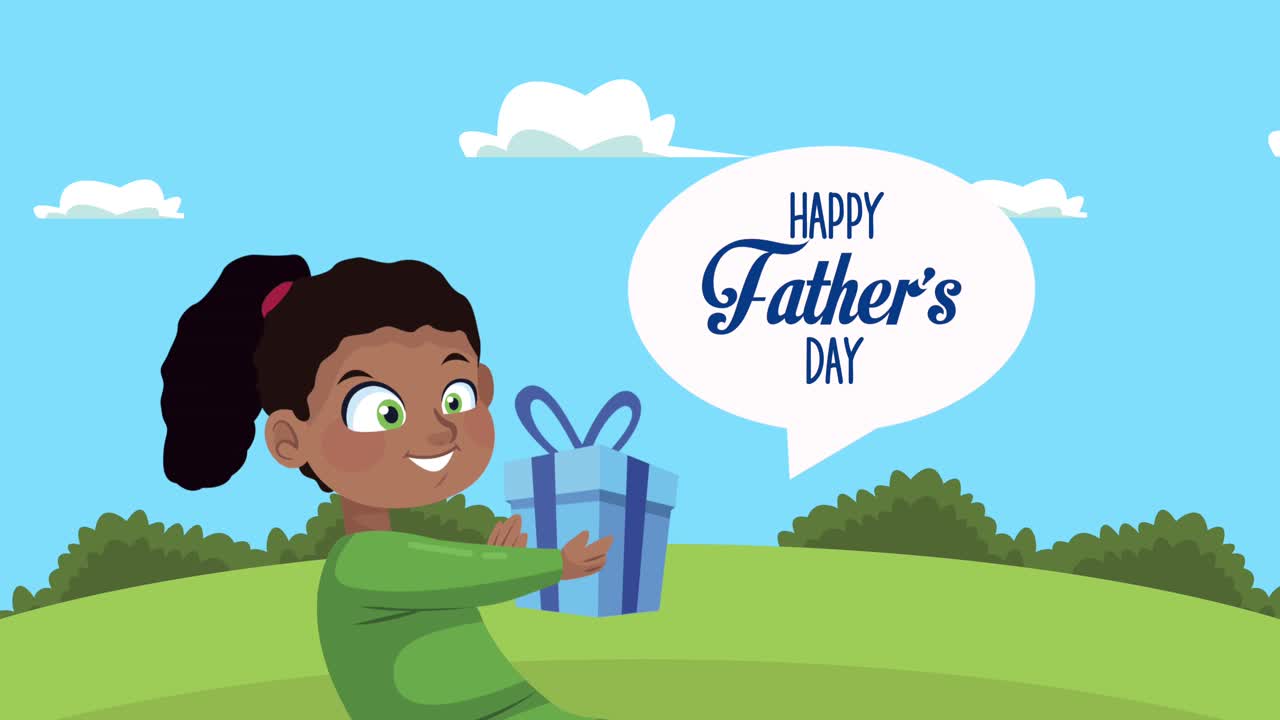 happy fathers day lettering with afro daughter lifting gift in the camp