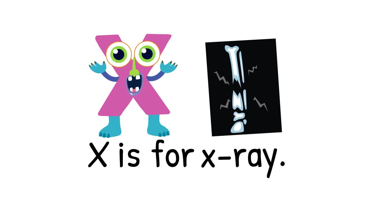 Colorful animation introduces the letter X with a playful character and x-ray imagery on a white background