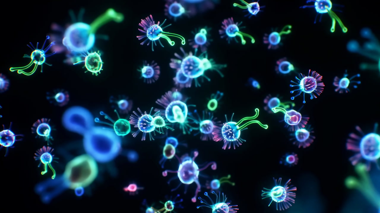 Neon Microbes Floating Against Black, Futuristic Lab Visualization Showing Glowing Viral Particles